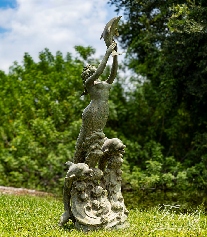 Bronze Fountains  - Mermaid And Dolphins Fountain In Patina Bronze - BF-932